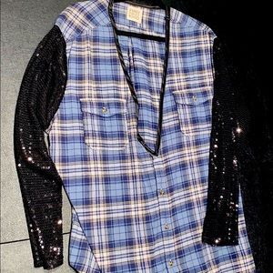 Deep V Flannel with sequin sleeves